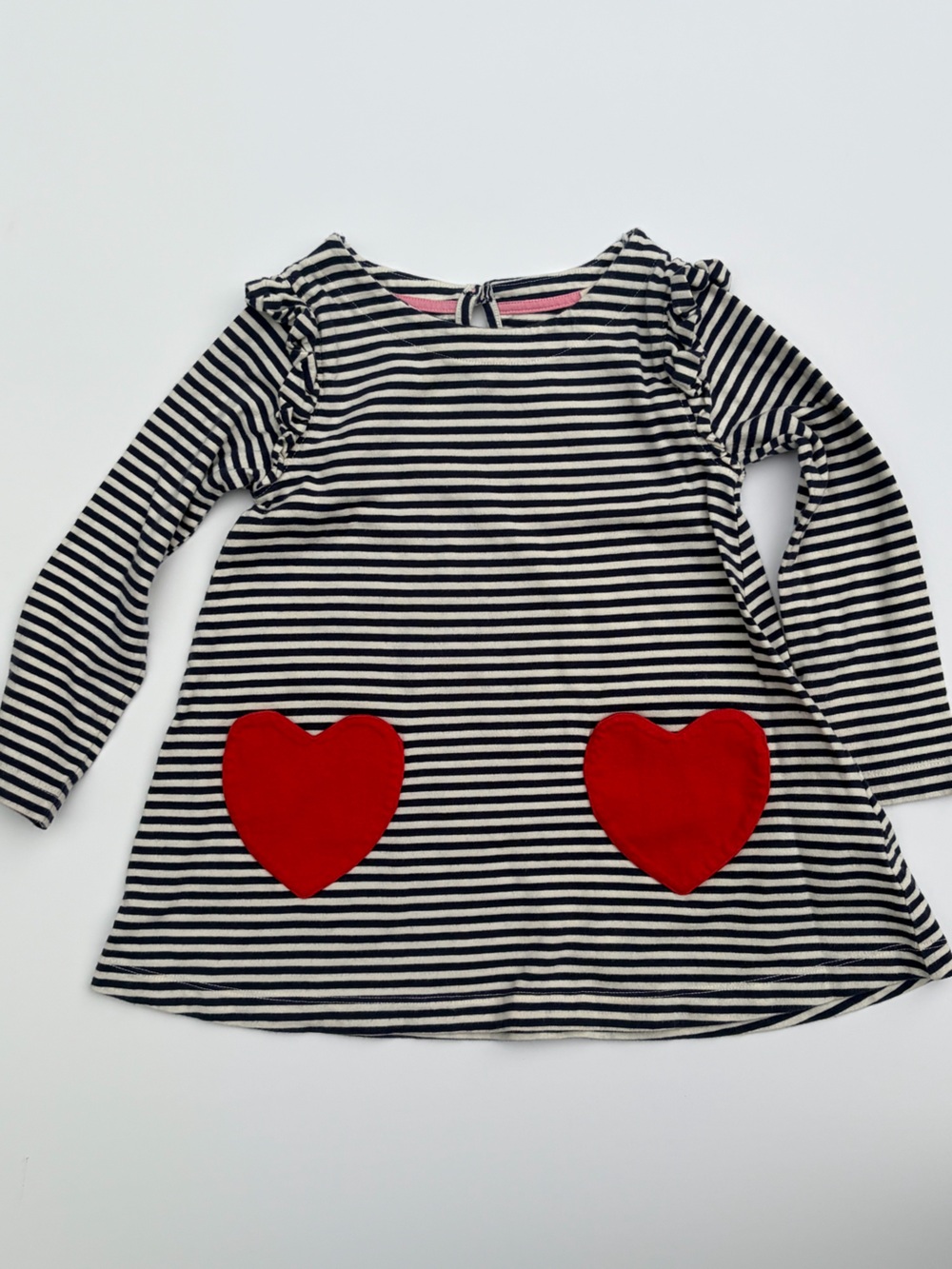 Mini Boden Black and White Striped Dress with Red Heart Pockets